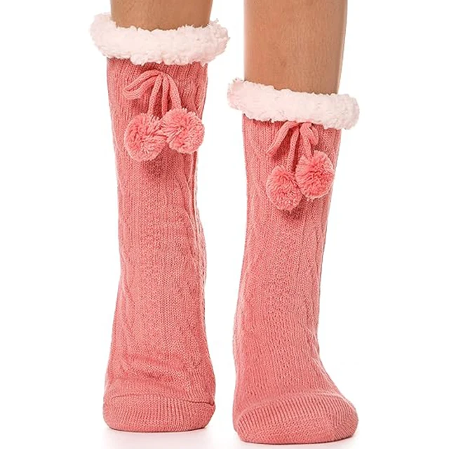 Factory Wholesale Custom Women Fuzzy Slipper Socks Winter Warm Fleece Soft Thick Cozy Knitting Socks With Grips