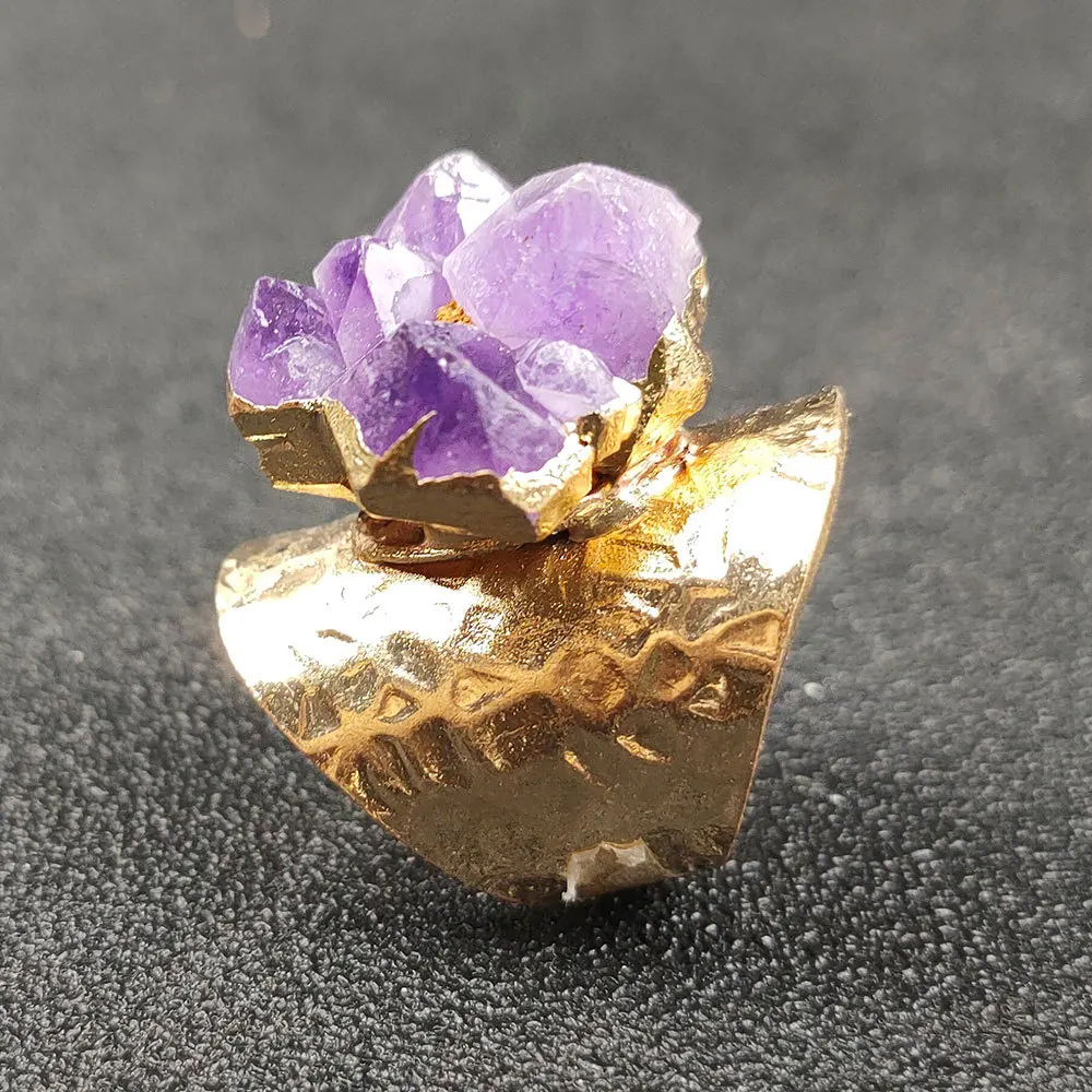 wholesale natural quartz ring irregular amethyst crystal cluster charm drusy stone gold bezel adjustable finger ring