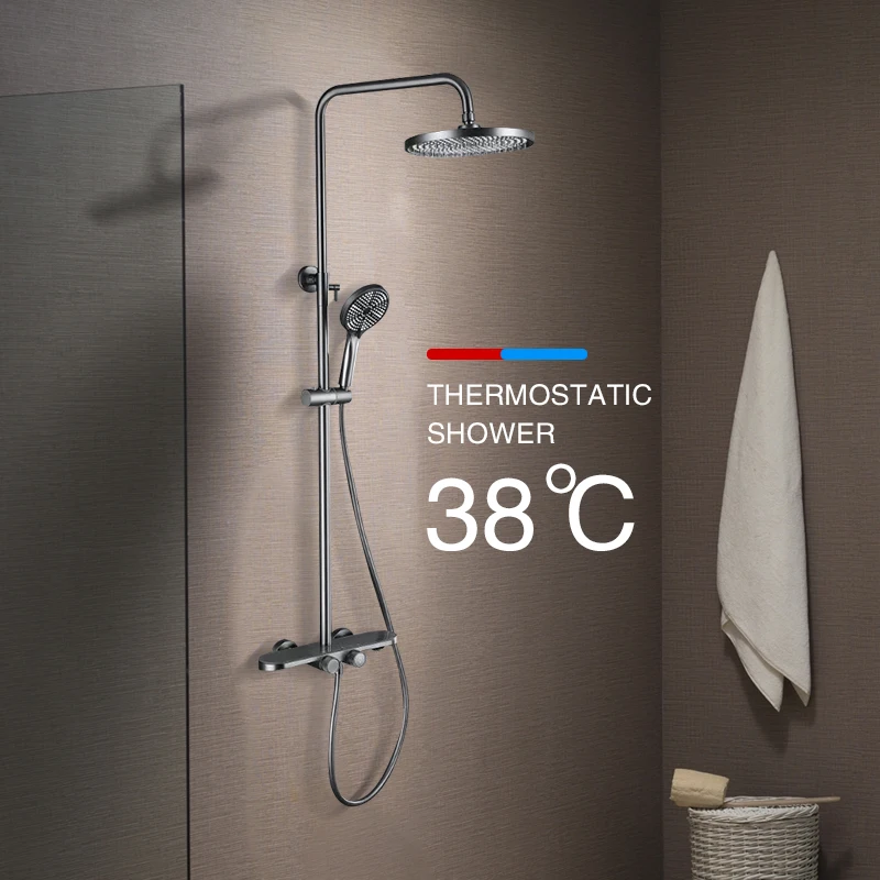 High Quality Smart Thermostatic Rain Bath Shower Set Rainfall Bathroom Shower Set Bathroom With White Glass Shelf