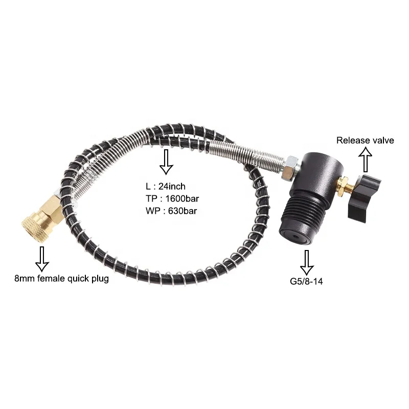 PCP Air Rifle Din 300bar G5/8 Charging Adaptor Adapter with 24inch High Pressure Reinforced Remote Hose & 8mm Female QD