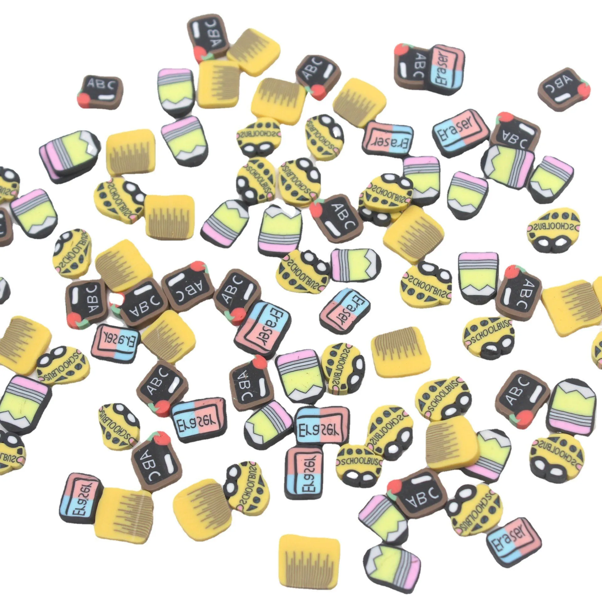 1KG/Bag 1CM Size Back to School Season Eraser Pencil School Bus Blackboard Sprinkles Clay Slices for Slime Decoration Crafts