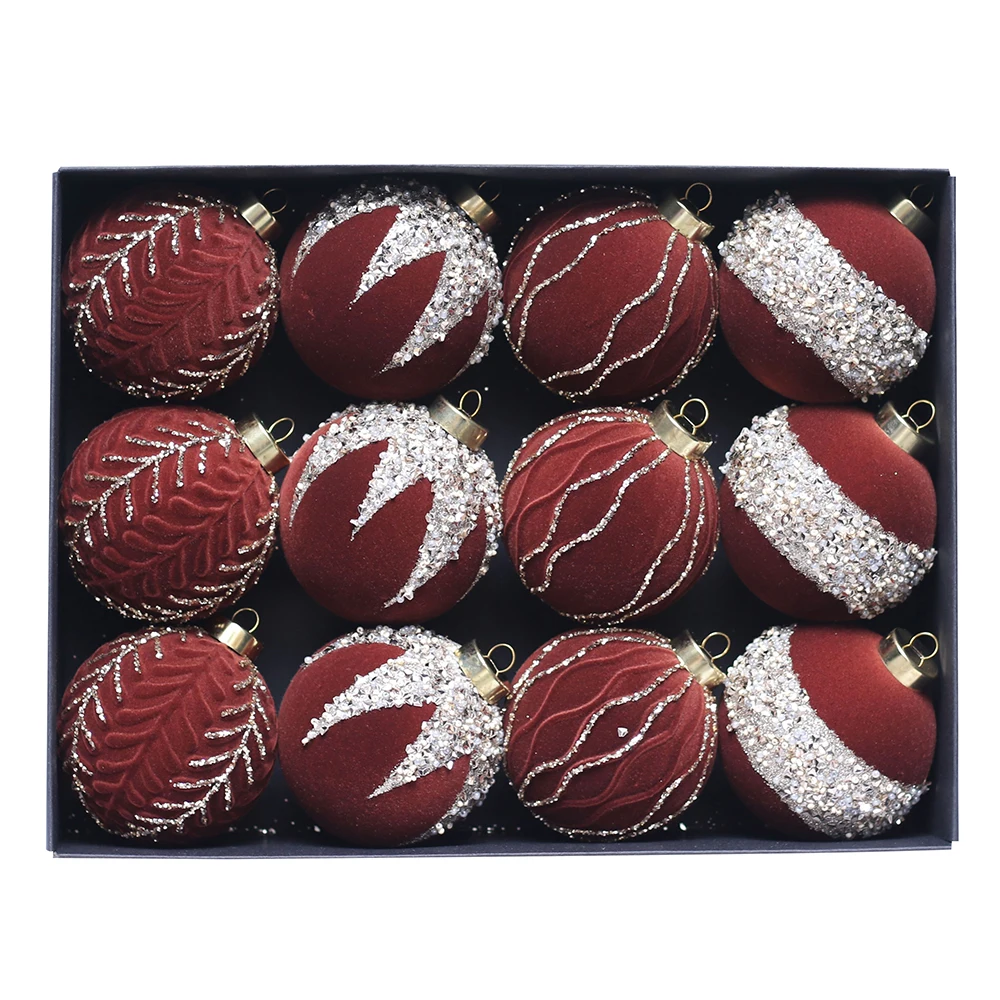 New Design 8cm Red Flocked Christmas Baubles Luxury Christmas Ball Hand Painting Christmas Decoration Ornaments