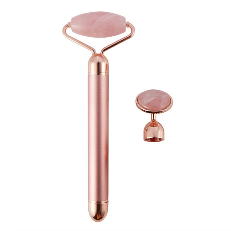 Лидер продаж, 2 в 1, розовый кварц для лица, антивозрастной терапевтический массажер для лица, Электрический вибрирующий нефритовый ролик частной марки