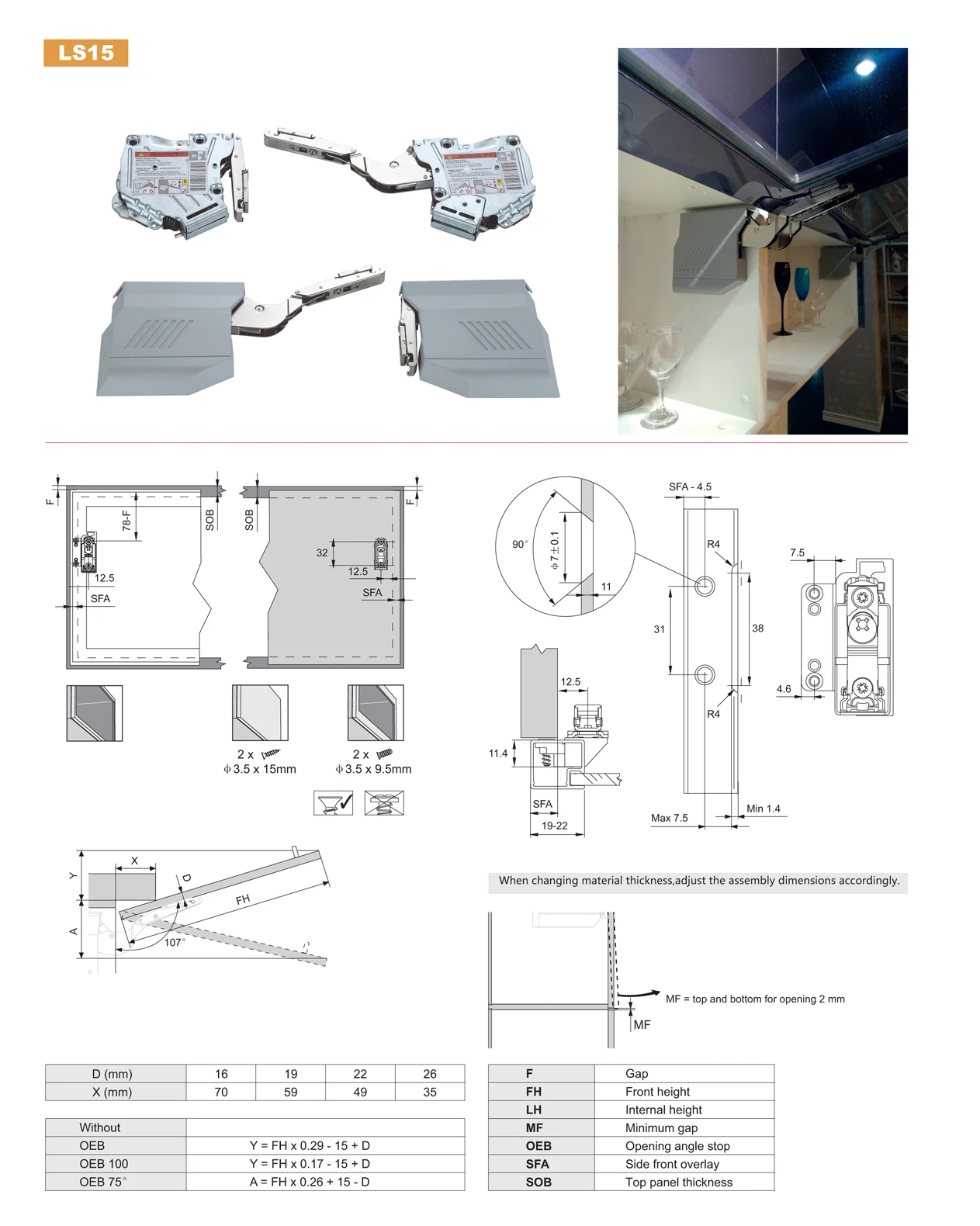 LS15 Heavy duty lid stay with soft-closing cabinet support with upward opening system