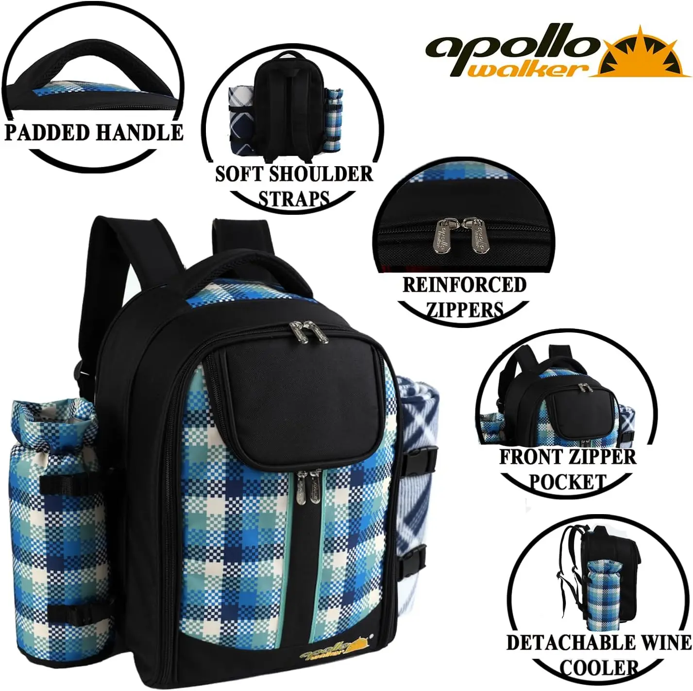 Picnic Backpack Bag for 2 Person with Cooler Compartment Detachable Bottle&Wine Holder Fleece Blanket Plates and Cutlery Bag