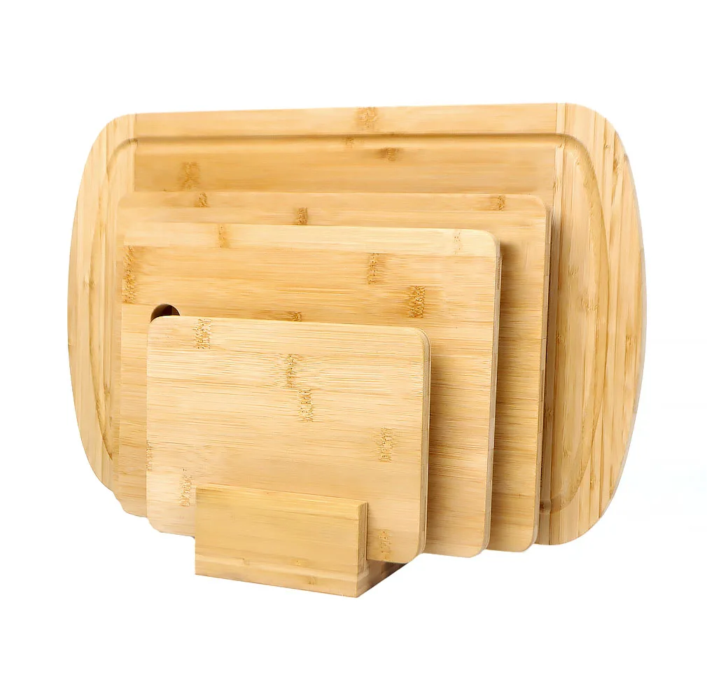 Wholesale 4-Piece Organic Bamboo Chopping Board Large Bamboo Cutting Board Set with Deep Juice Grooves and Handle for Kitchen