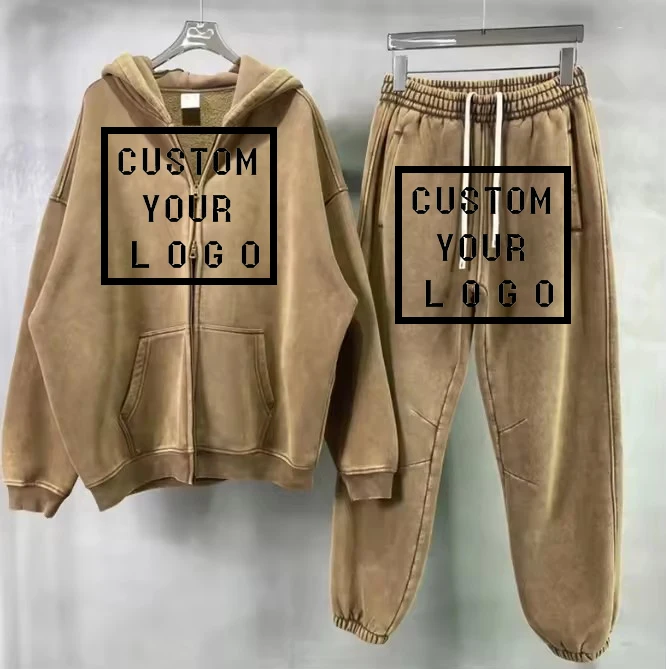 OEM High Quality cotton mens Sun Faded Dye Zipper Hoodie Jogger Pants Embroidery Two Piece Set Men Casual Vintage Wash Tracksuit