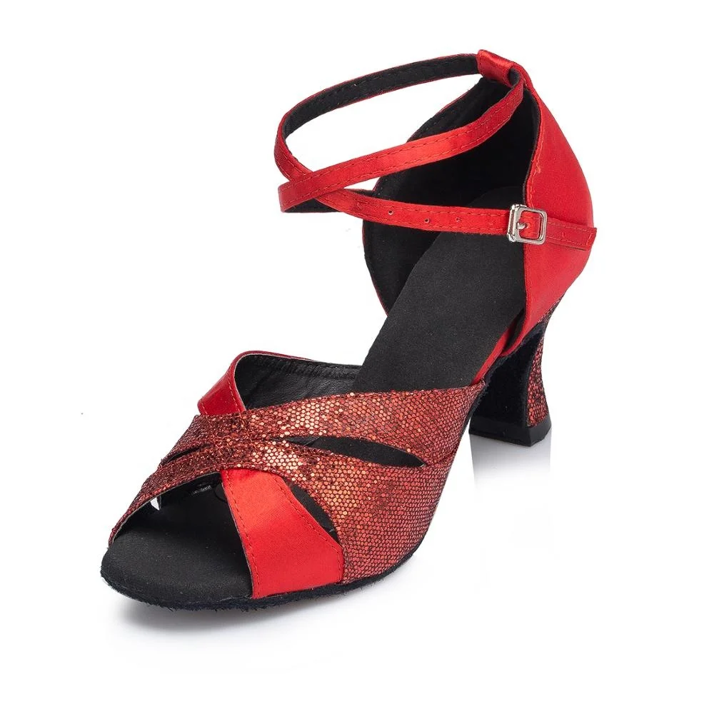 L120 red satin + flash thin lace surround with 8 cm high Latin women dance shoes