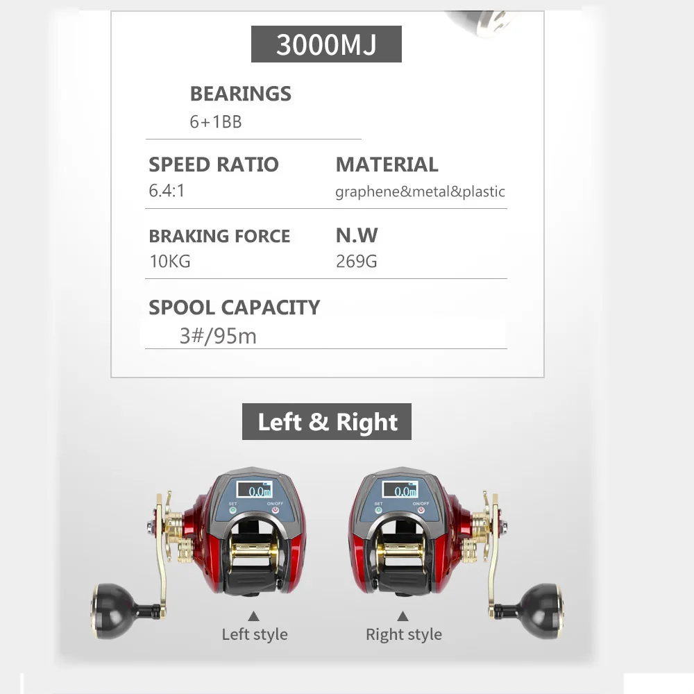 JOHNCOO Digital Display Baitcasting 6.4:1 Max Drag 10kg 6+1BB Deep Casting Fishing Reel Longcast Seawater Fishing Wheel