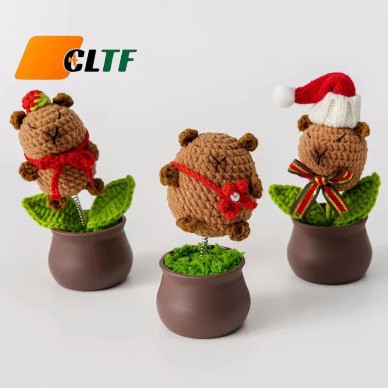 Creative Flower Crochet Christmas Hat Handmade Crochet Potted Flower Capibara Series Doll Santa Claus Toys Christmas Gift