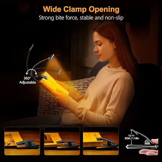 Rechargeable Book Light for Reading in Bed Memory Function Stepless Dimming Brightness