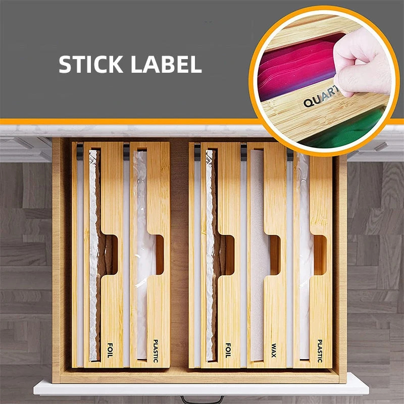 2 in 1 Bamboo Wood Aluminum Foil Kitchen Roll Organizer Holder and Paper Plastic Wrap Dispenser Storage With Zipper Cutter
