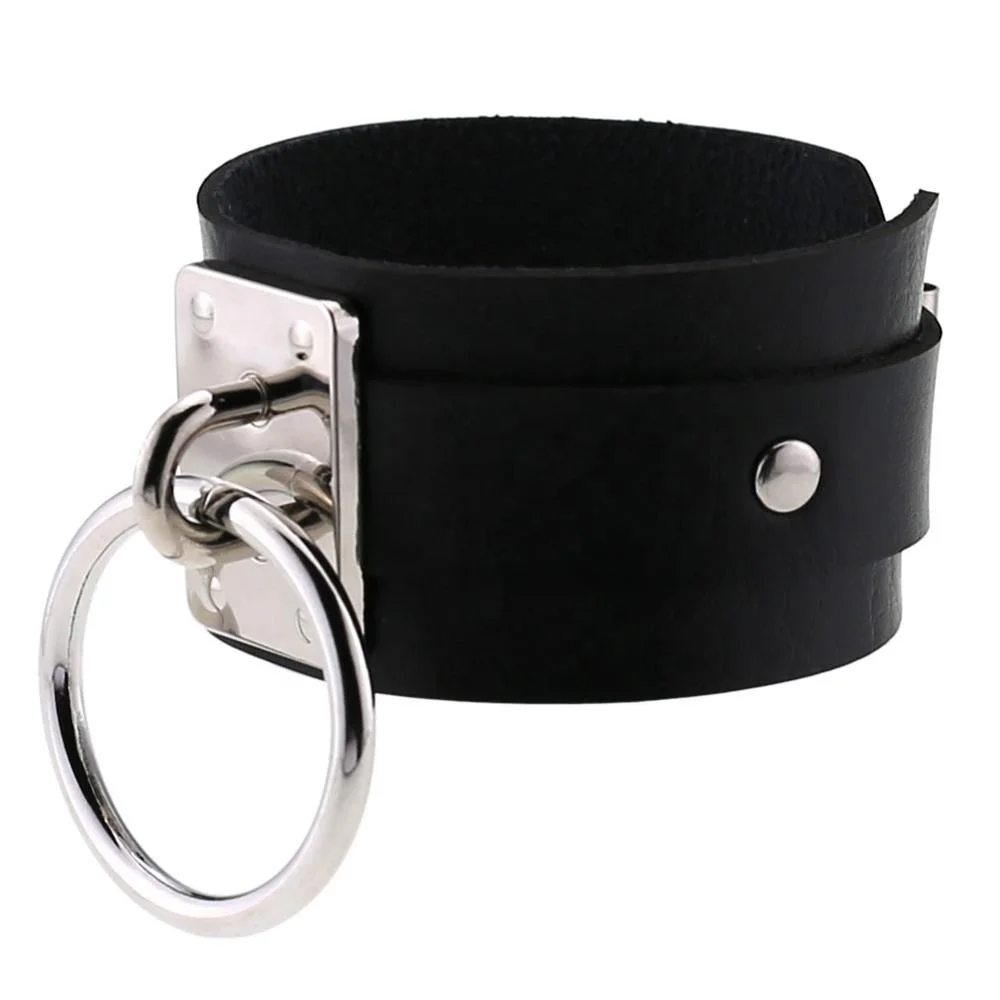 Punk Oversized Double Layer Leather Band Cover Wrist Bracelet Bondage BDSM Silver Metal O Round Gothic Bangles