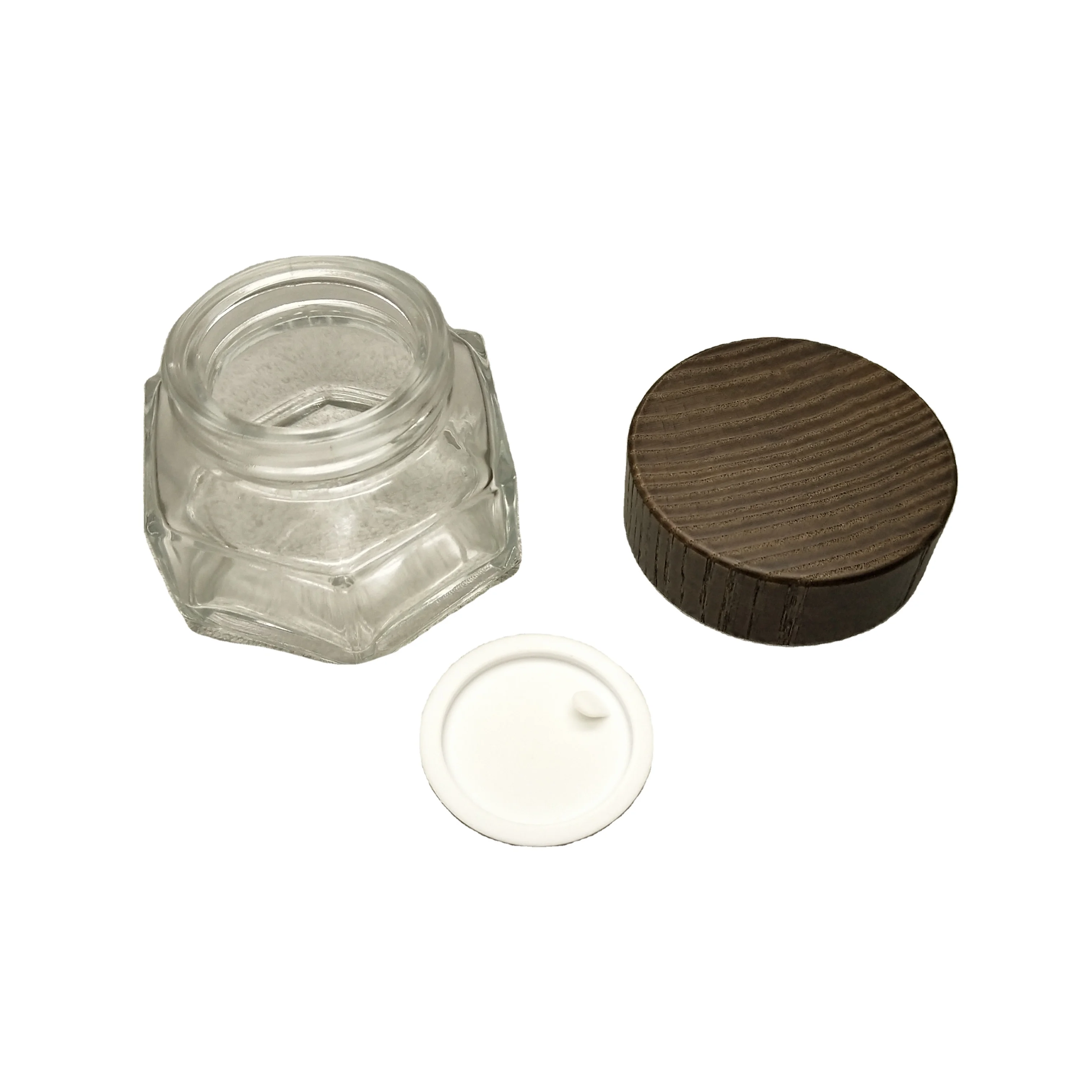 100ml face cosmetic jar with ASH brown wooden lid Hexagonal glass cream jar