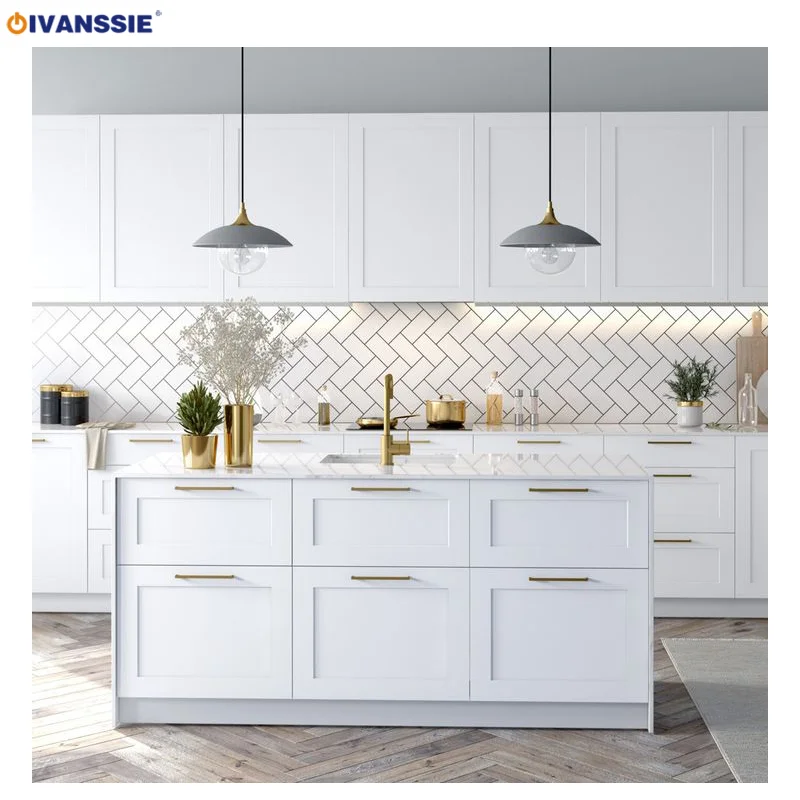 GIVANSSIE Custom modern standing complete set modular white oak veneer wood kitchen cabinet shaker design with island