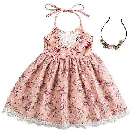 Fashion Dress Kids Party Dress Baby Girl Cotton American Style Dress Children Mini Lace Sleeveless Floral Support Rand Roll Neck