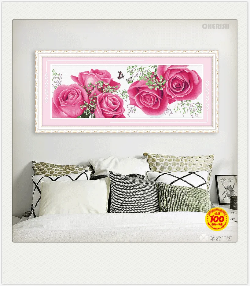 
Pink Roses Painting High Quality Chinese Style Cross Stitch Handmade Craft Arts Stamped Cross Stitch Embroidery 
