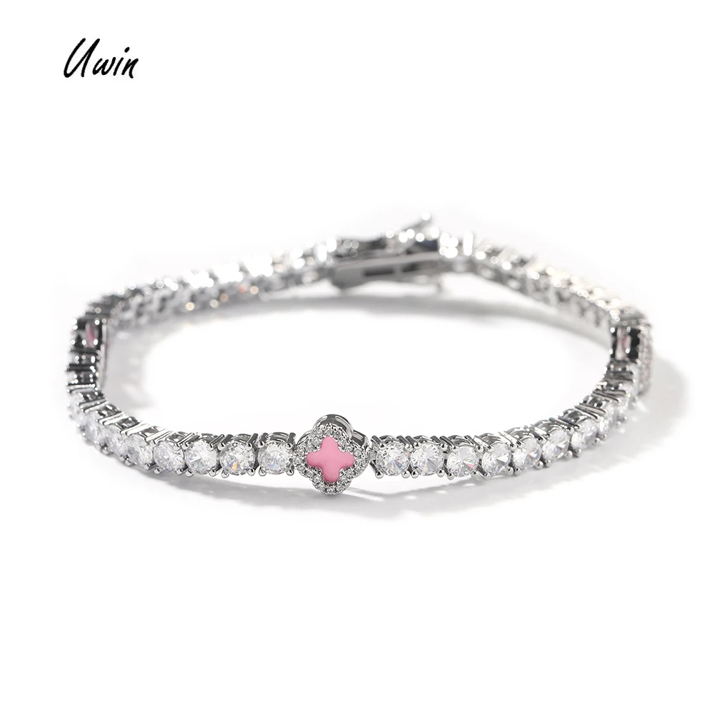 UWIN Pink Clover Tennis Chain Bracelet 18K Gold Plated Natural Stone 4 Leaf Lucky Jewelry with Bling Stones Femeinas Jewelry