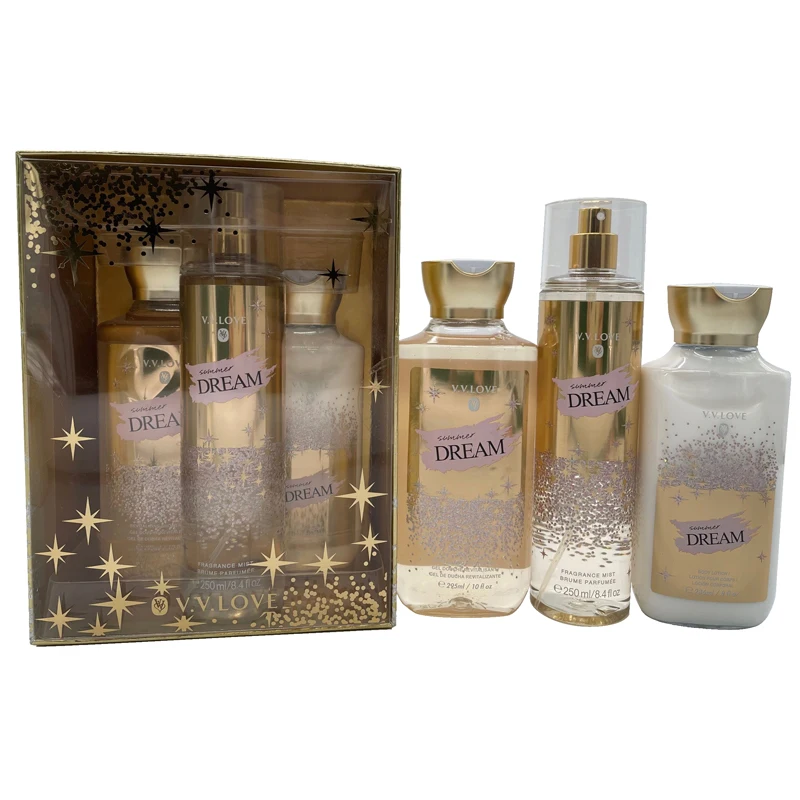 VL9062-7 250+236+295ml long lasting fragrance 3pcs shower gel body splash and body lotion set for women.