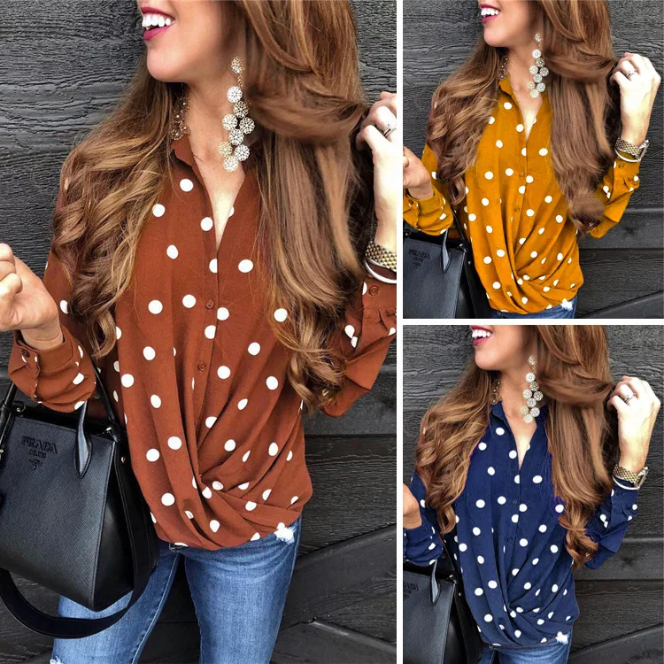 Новинка Осень-зима 2021, модная блузка в горошек с воротником, длинными рукавами и пуговицами