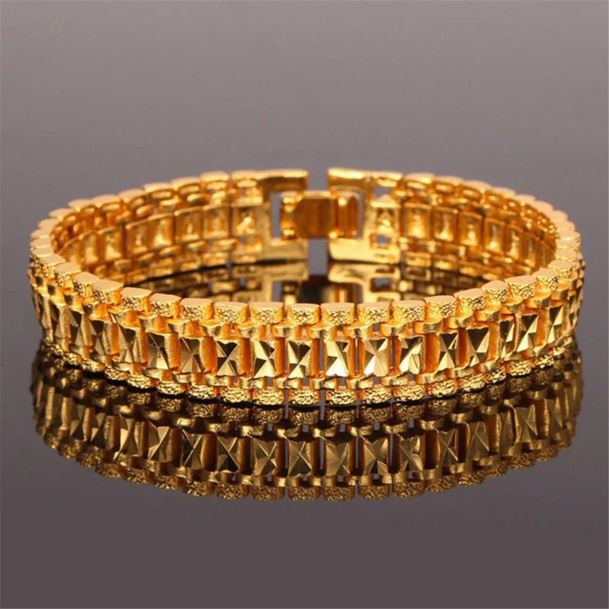Fashion Chunky Link Chain Frosted Bracelet 24K Gold Plated Cuff Bangle Wristband Bangle Jewelry For Men