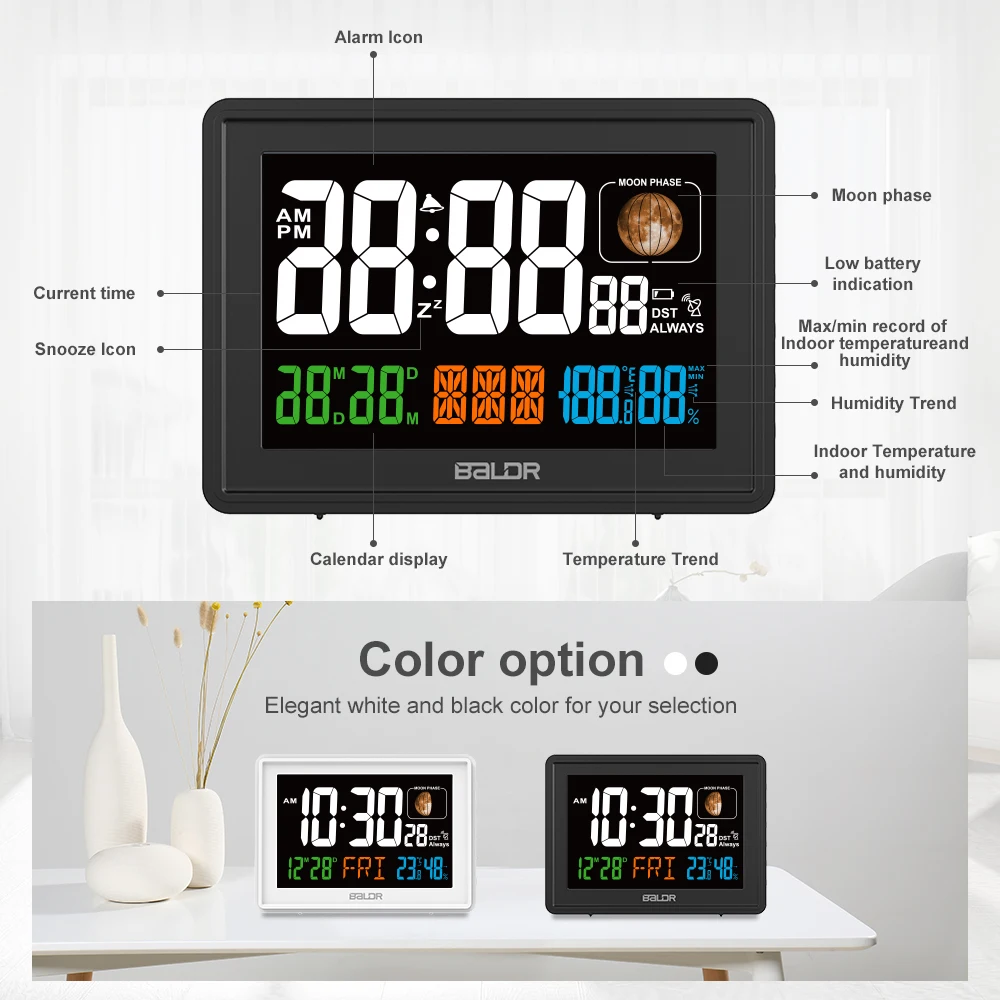 BALDR Digital Clock Radio Controlled Temperature and Humidity Function Room Clock with Moon Phase Alarm Clock
