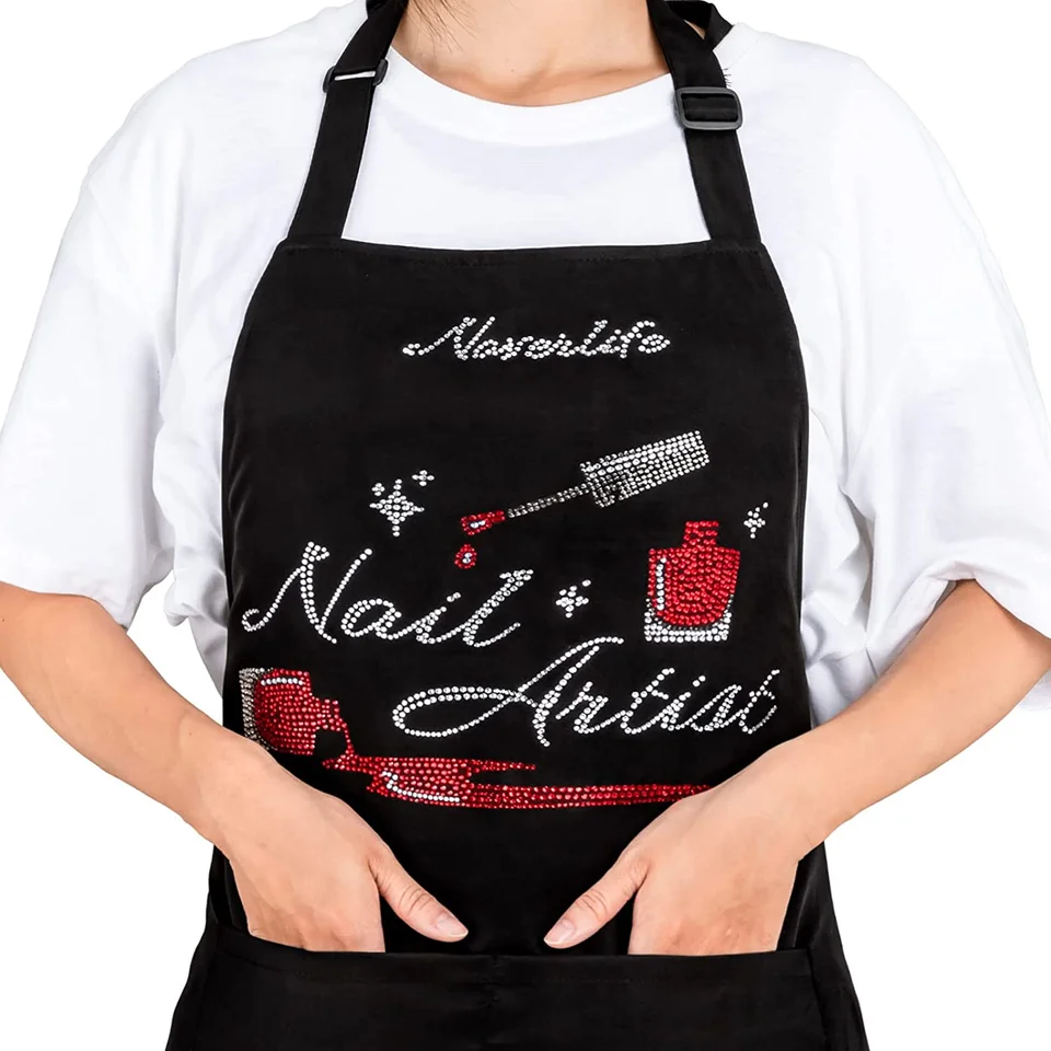 Personalised  with rhinestones Protective Aprons Nail Technician Manicure custom Unisex Apron 2 Pockets Adjustable Manicurist