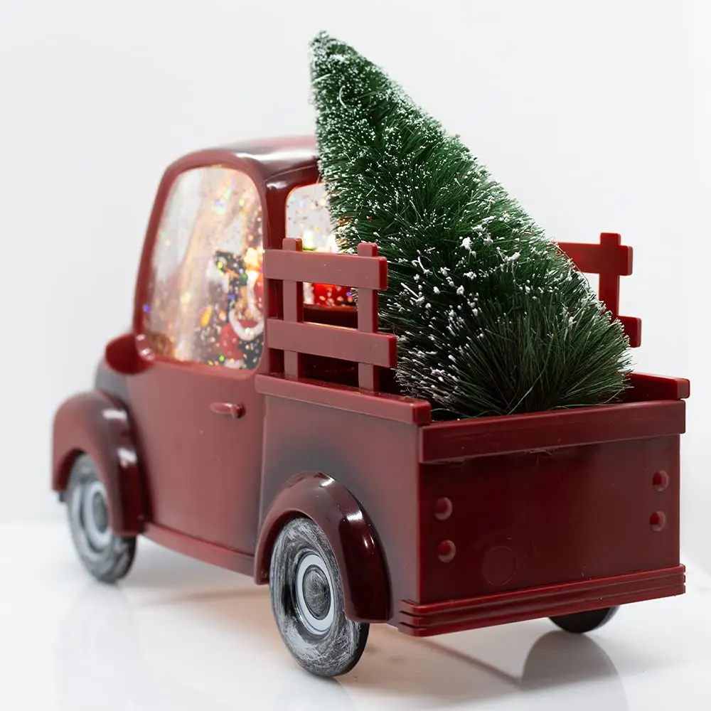 Santa Claus Delivering a Tree in a Vintage Red Pickup Truck Glittery Lantern Snow Globe Christmas Holiday Home Decor
