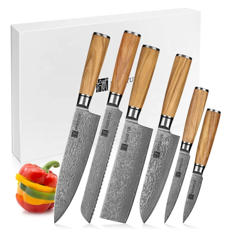 OEM custom Noble raw wood handle damast chef knife vg10 damascus kitchen knife set with silver ring