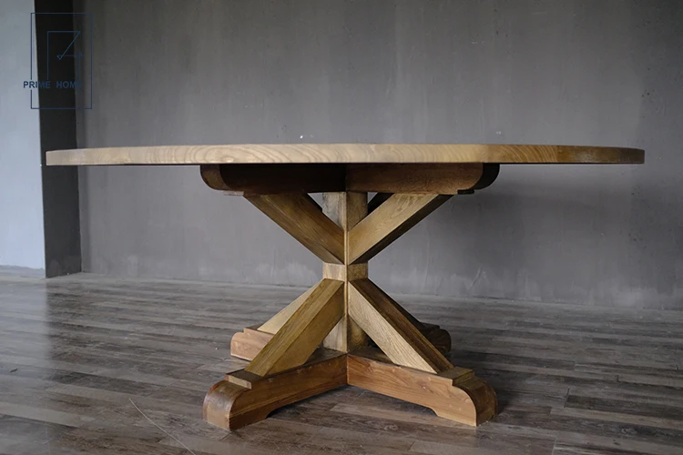 Vintage Rustic Reclaimed Round Pedestal Extendable Oak Wood Dining Table