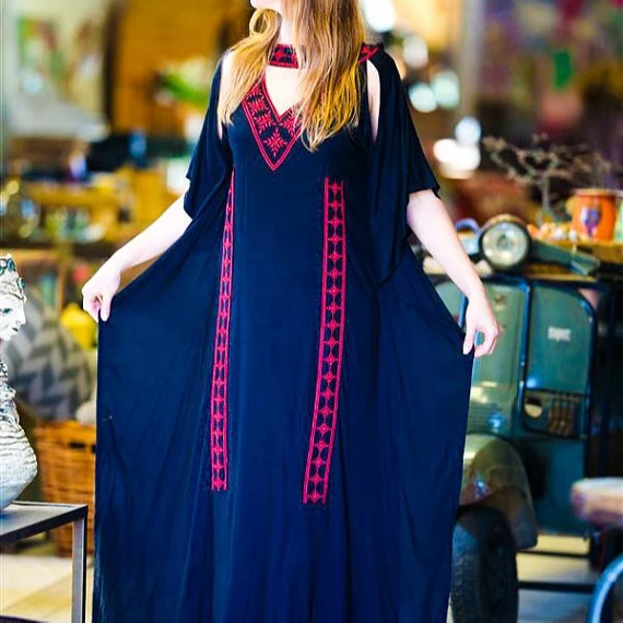 
Summer Women Retro Floral Hand Embroidered Work blue color Bikini Cover Up Sexy Swimwear Kaftan Beach Cover Up 