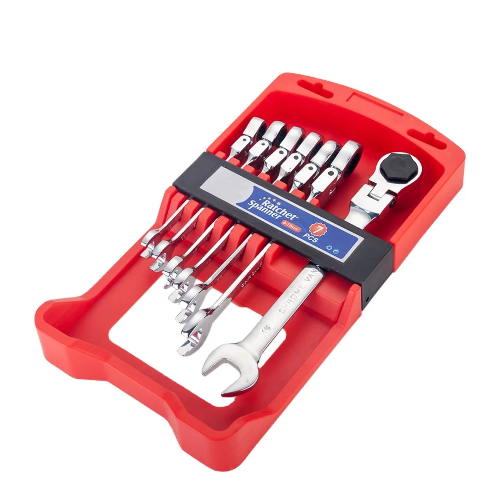 7 Piece Combination Flexible Metric mirror Ratchet Spanner Set Adjustable Head 72 teeth range  8 mm-19m with holder