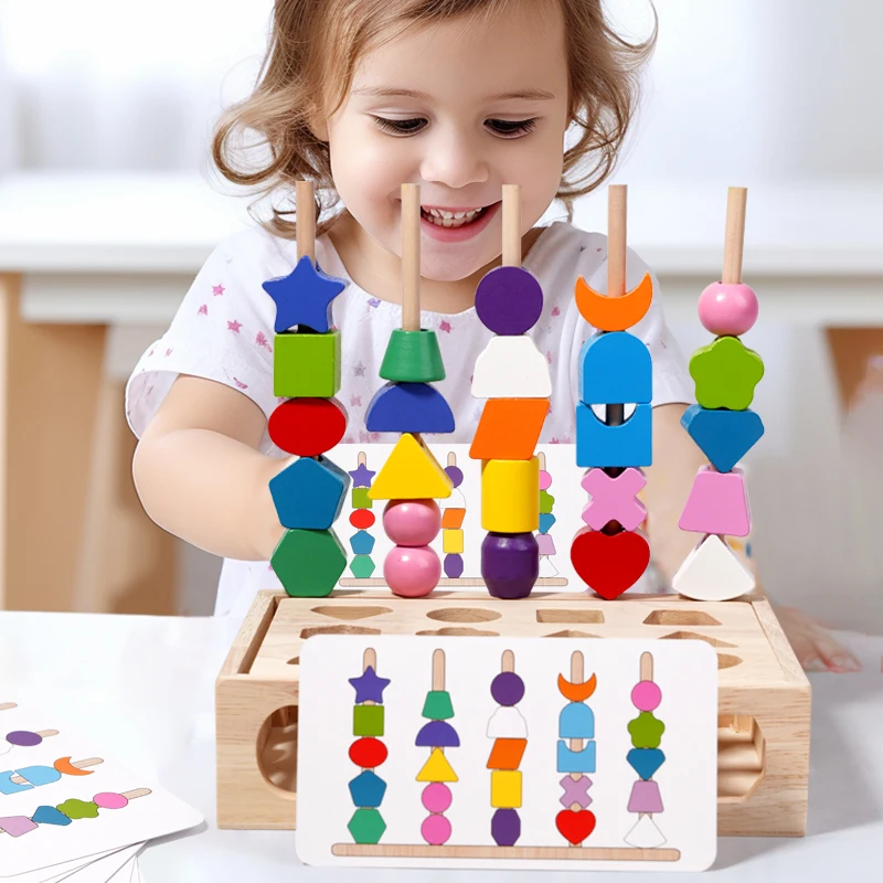 Toddlers Wooden Sorting Matching Blocks Box Toy Threading Geometry Blocks Colorful Stacking Blocks Educational Toys