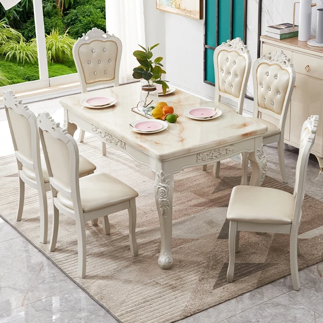 Nordic style High quality 6 seater Rectangular white marble top dining tables  sets modern tables
