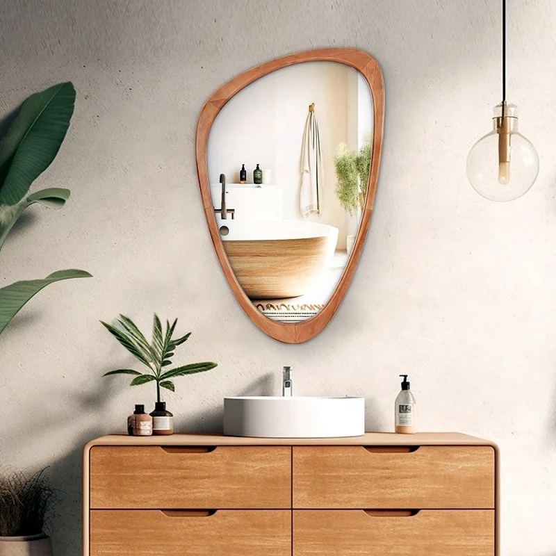 Factory Wholesale Modern Wood Framed Bathroom Decor Teardrop Water Drop Shaped Glass Bedroom Wall Hanging Mirror Miroir Espejo