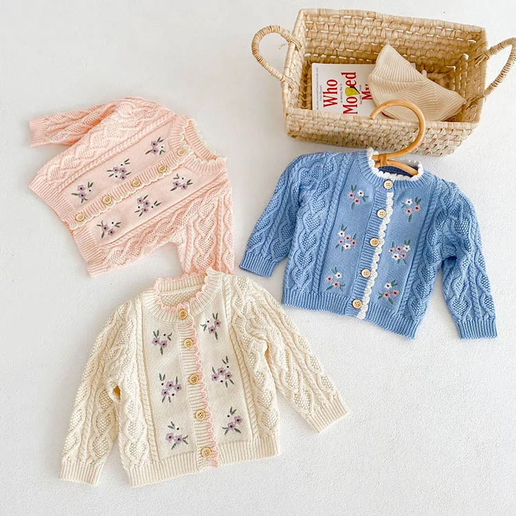 Wholesale Autumn And Winter Baby Girls Sweater Embroidery Flower Cardigan 100%Cotton Kids Sweater Outwear Coat