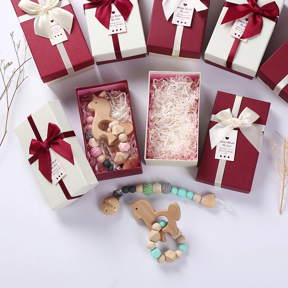 MU 2Pcs/Set Unicorn Design Baby Rattle Crochet Wooden Silicone Beads Teether Baby Teething Ring Toys Gift Box