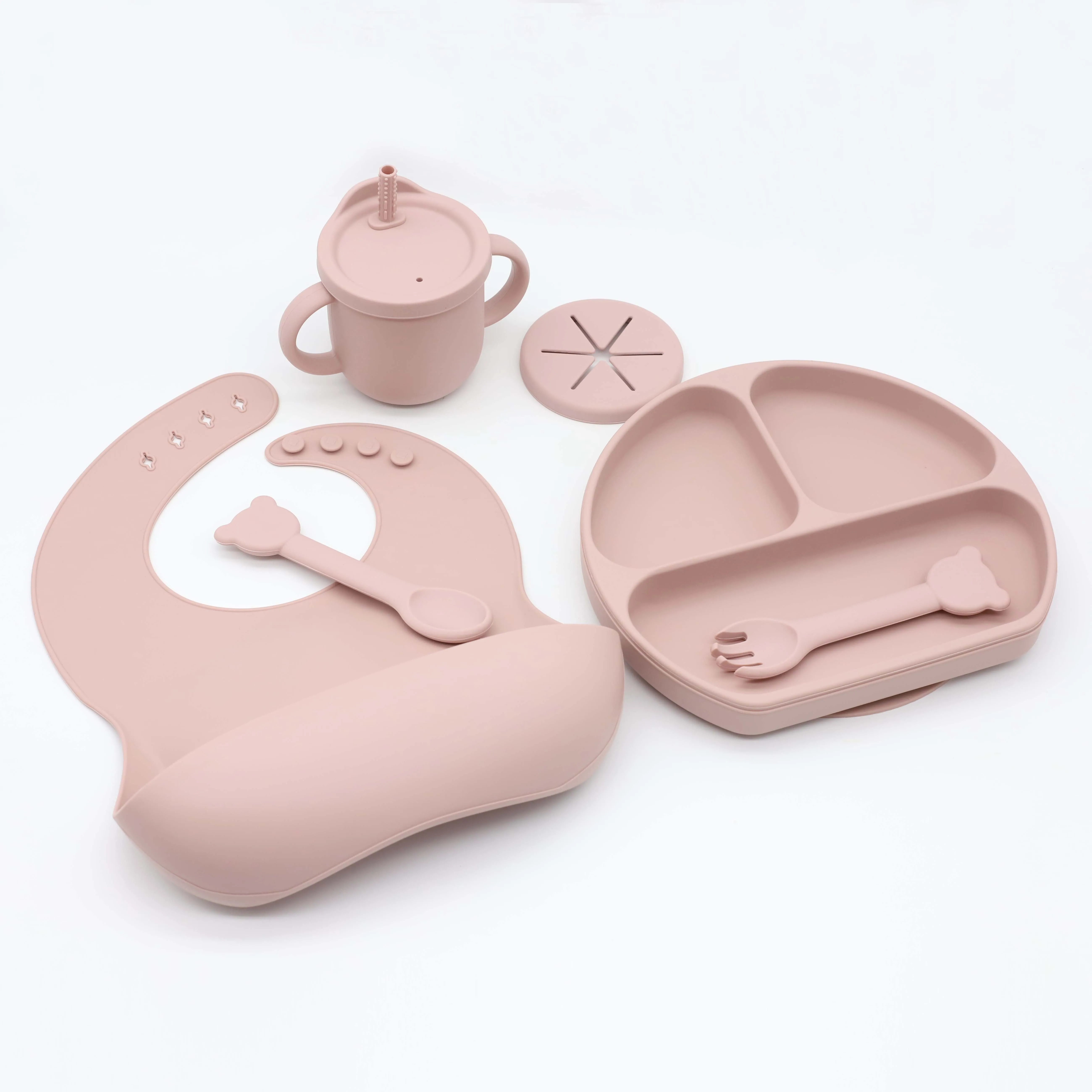 Custom 2 In 1 Snack Container Baby Cup Soft Silicone Snack And Drink Cup for Baby bib Suction plate bear spoon fork Silicone