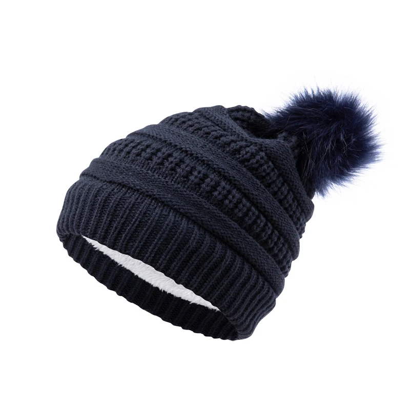Kids Winter Embroidery Children Hat Custom Logo Baby Pom Pom Beanie Hats Beanies Fleece Lined Faux Fur Pom Warm Knit Skull Cap