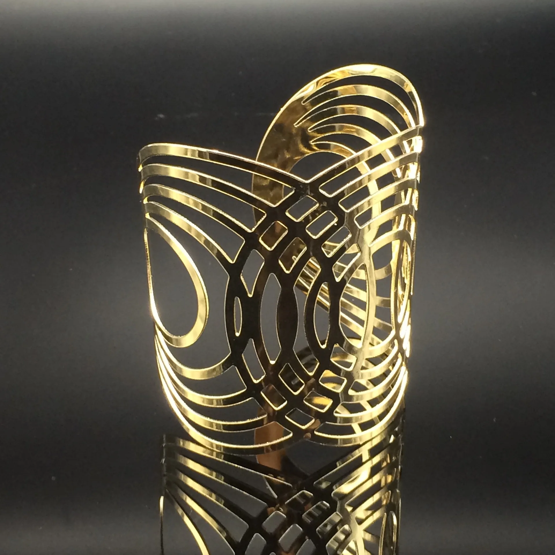 Bracelet Open Bangle Women European American Exaggerated Jade Wide Metal Electroplated Polished Surface