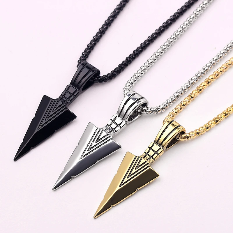Vintage Stainless Steel Pendant Jewelry Hiphop Long Chain Spearhead Necklace Punk Style Arrowhead Necklace for men