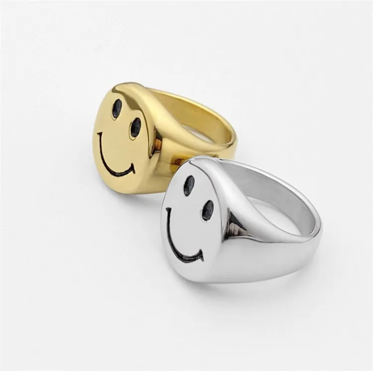  Streetwear Stainless Steel Smiley Face Ring Chunky Gold Silver