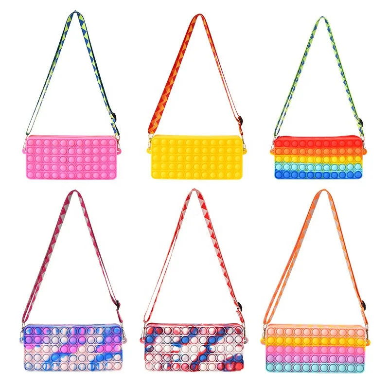 Amazon Hottest POPit Rainbow Push Bubble pencil case Anti Stress Sensory Silicone Fidget Shoulder Bag