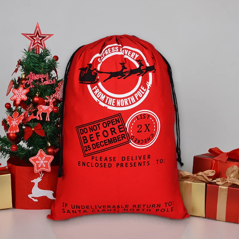 Red Cotton Canvas Custom LOGO Printed Sublimation Christmas Gift Packaging Bag Santa Sack with Drawstrings