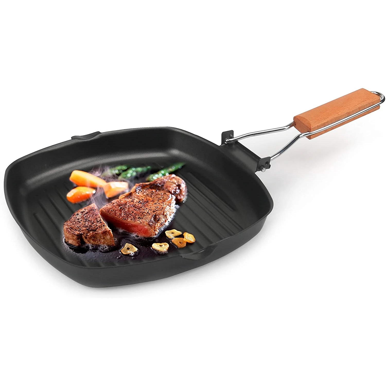 24CM Grill Pan with Wooden Folding Handle  Portable Frying Pan for Steak Fish and BBQ Easy Grease Draining Filter
