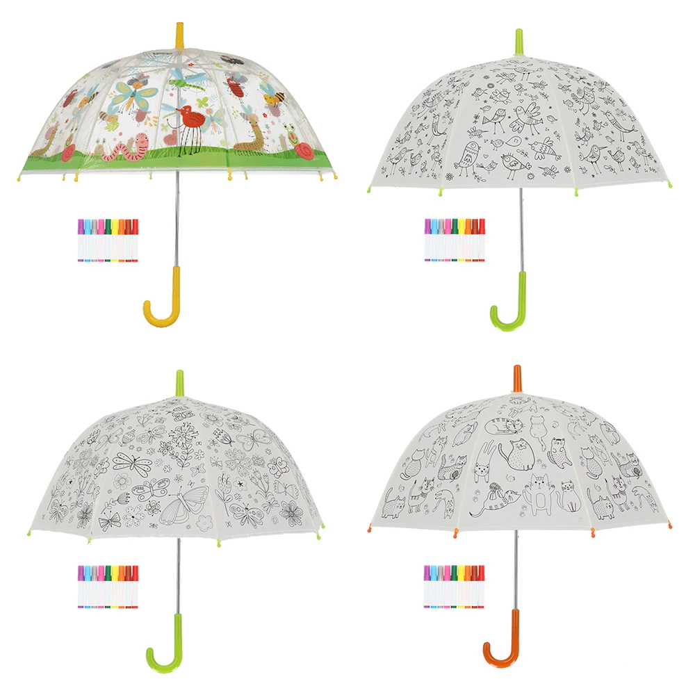 Esschert Design 8K 27.7inch automatically transparent kids drawings Paint it Yourself birds Straight Umbrella