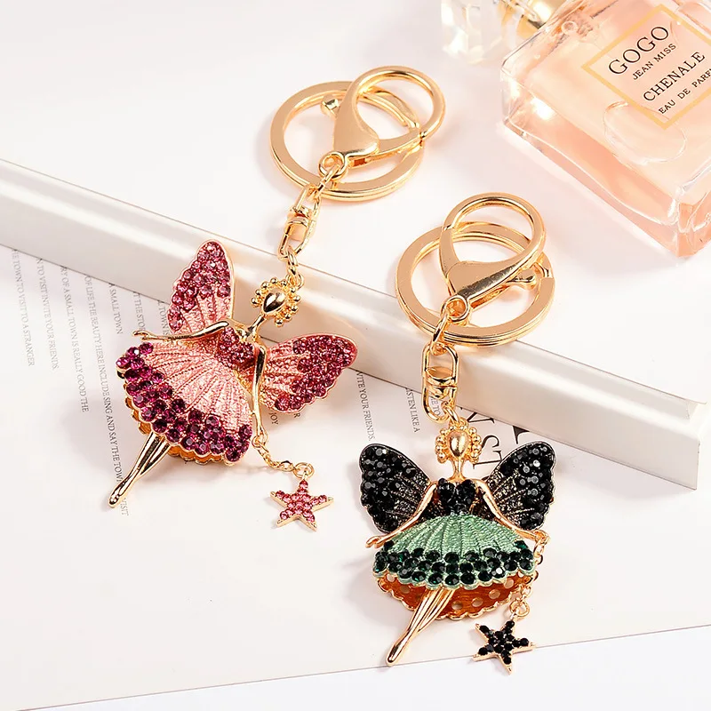 Dainty Gold Plated Ballerina Key Ring Chain Rhinestone Crystal Angel Girl Keychain Women Accessory