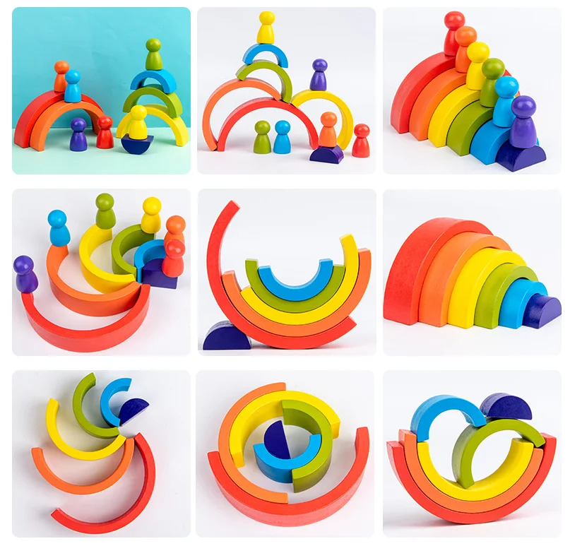 New style Hot Sale Wooden Rainbow House Blocks Toy  Rainbow Tower Stacking Blocks Game Wooden Waldorf Blocks Toys for kids