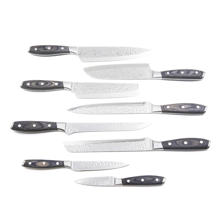 Professional Hammer Pattern Chef Knives Stainless Steel Kitchen Knife Set with Pakka Wood Handle