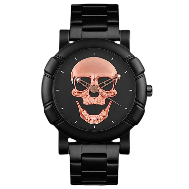 Y335 New arrival popular Luxury black round steel  strap human skeleton skull quartz watch for men